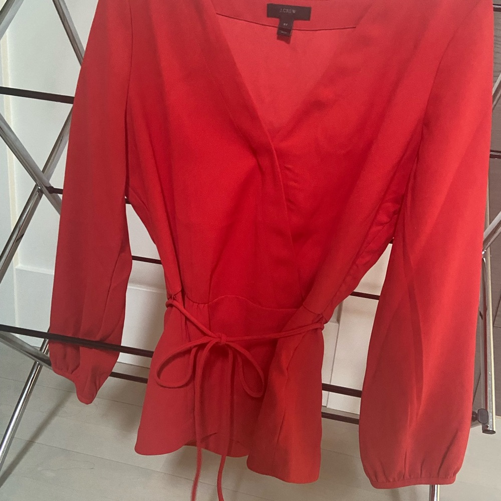 J crew size 8 MEDIUM.  RED tie waist faux wrap crepe blouse.
